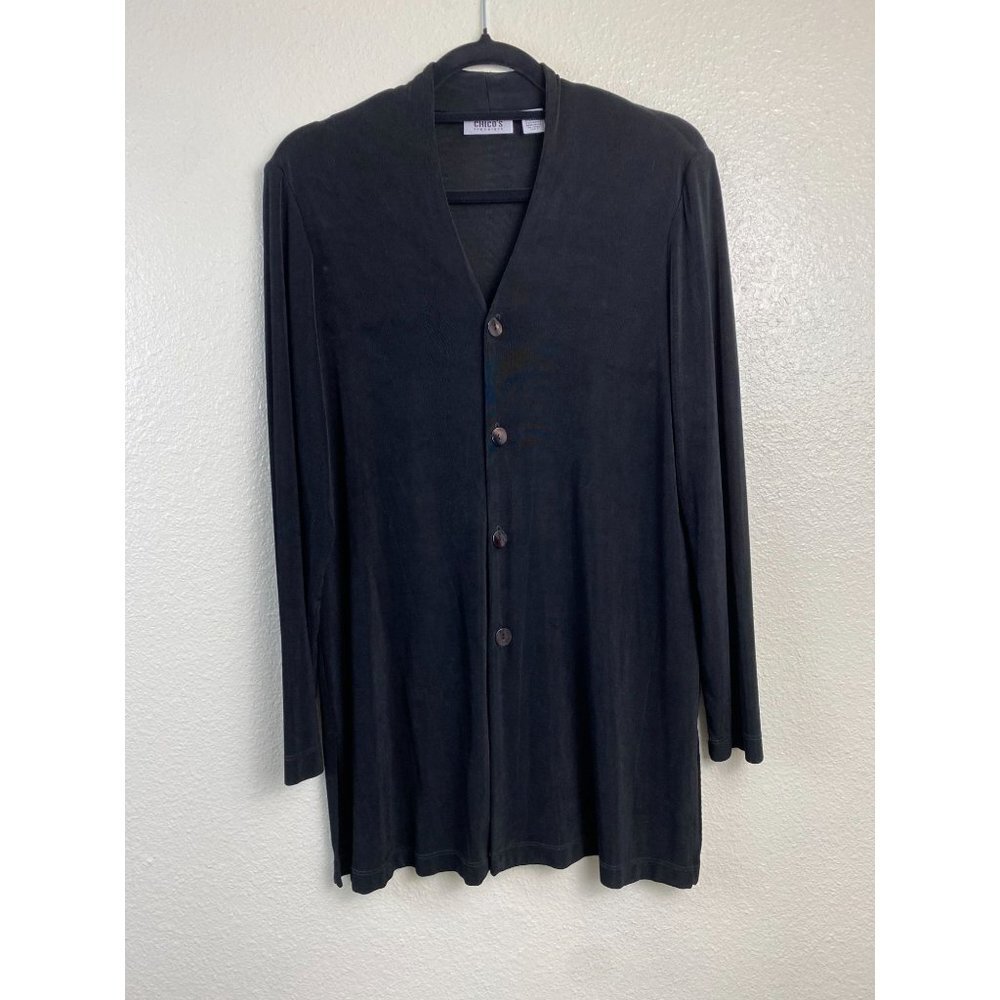 Chico's Black Slinky‎ Knit Button Tunic Top Womens size Large Stretch career